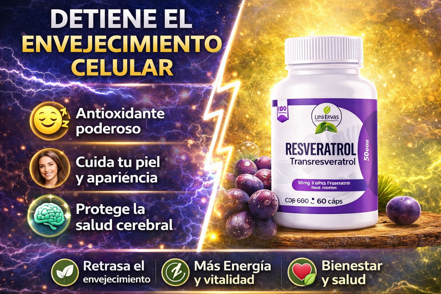 Resveratrol Premium – Suplemento Antioxidante (60 Cápsulas) El compuesto natural que te Acompaña